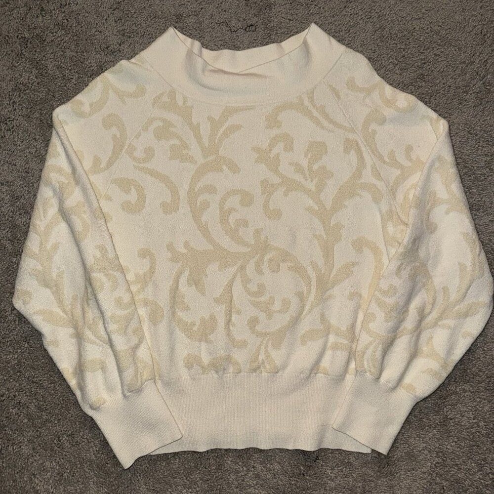 Anthropologie Nina Velvet Sweater Ivory Paisley Scrolls Women’s Size Small